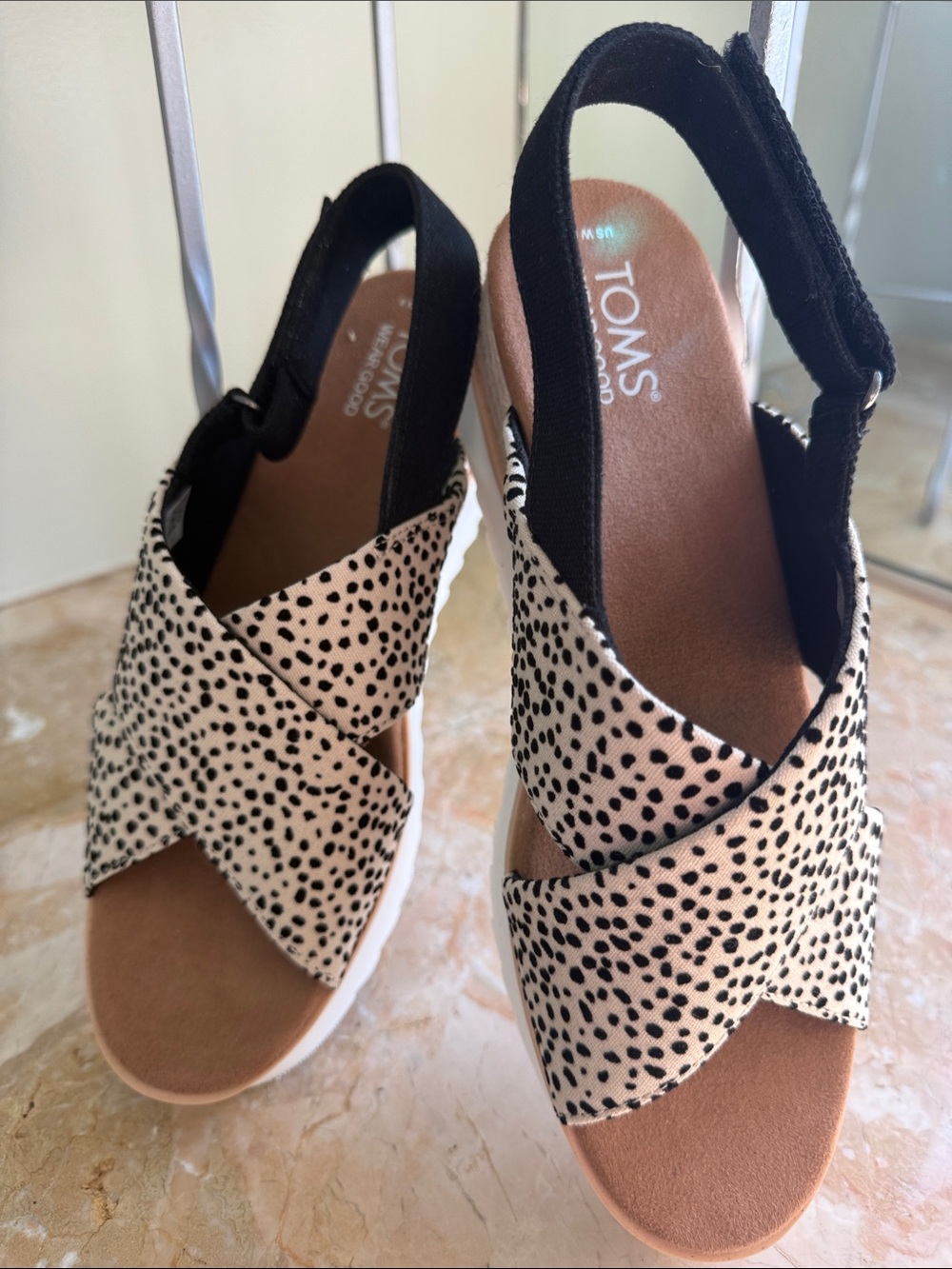 TOMS Leopard-Print Crisscross Slingback Sandals in Black and Cream